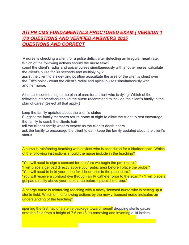ATI PN CMS FUNDAMENTALS PROCTORED EXAM ( VERSION 1 )70 QUESTIONS AND VERIFIED ANSWERS 2025 
