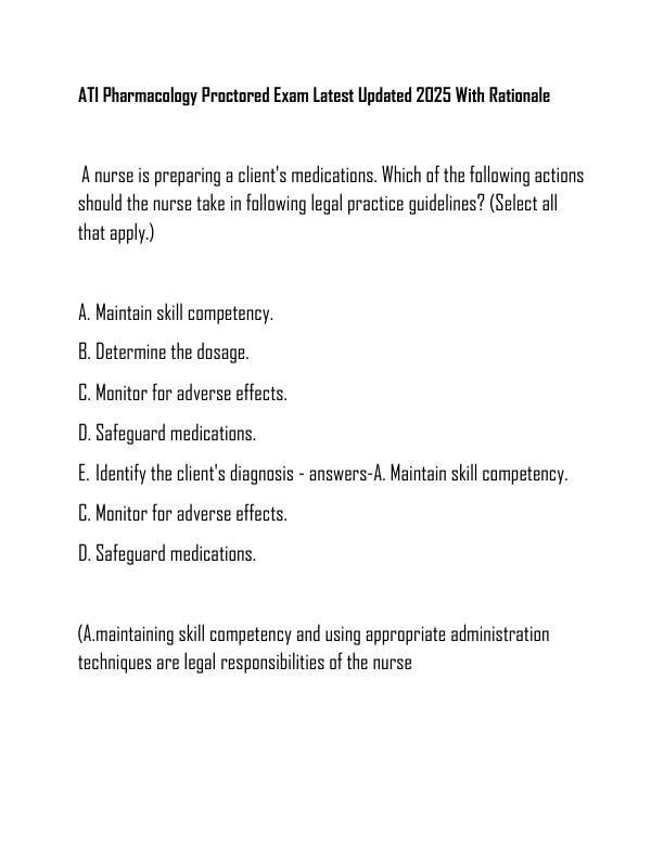 ATI Pharmacology Proctored Exam Latest Updated 2025 With Rationale 