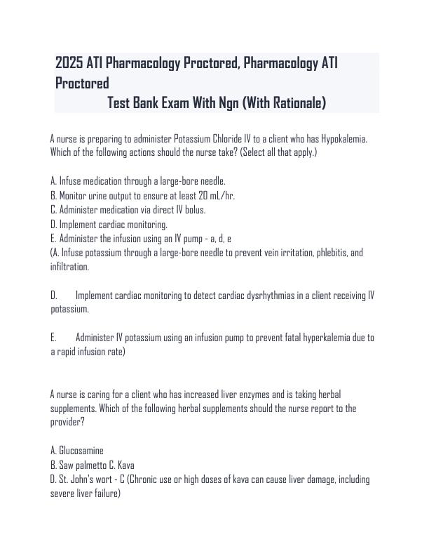 2025 ATI Pharmacology Proctored, Pharmacology ATI Proctored Test Bank Exam With Ngn (With Rationale)
