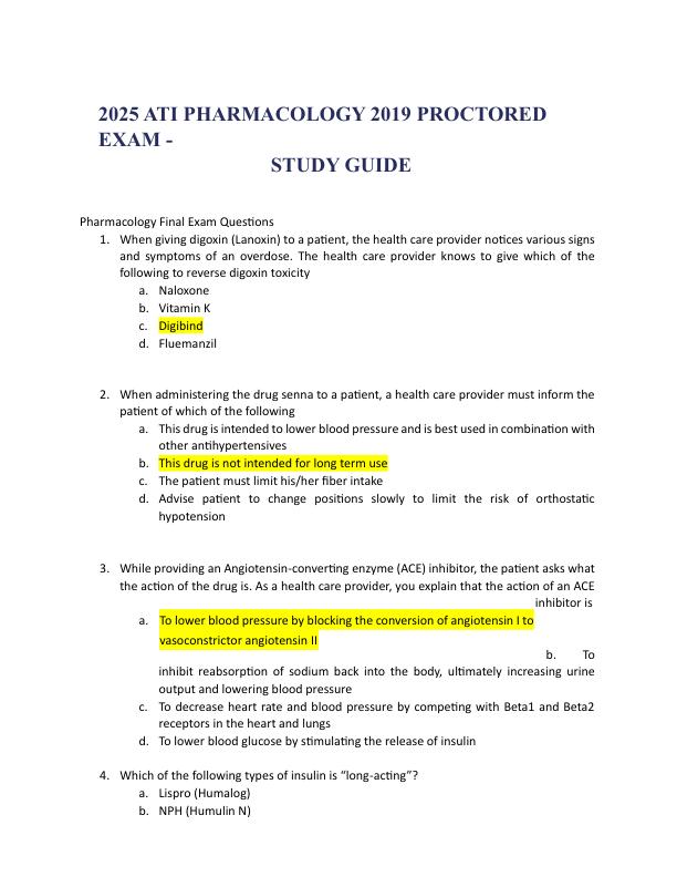 2025 ATI PHARMACOLOGY 2019 PROCTORED EXAM 