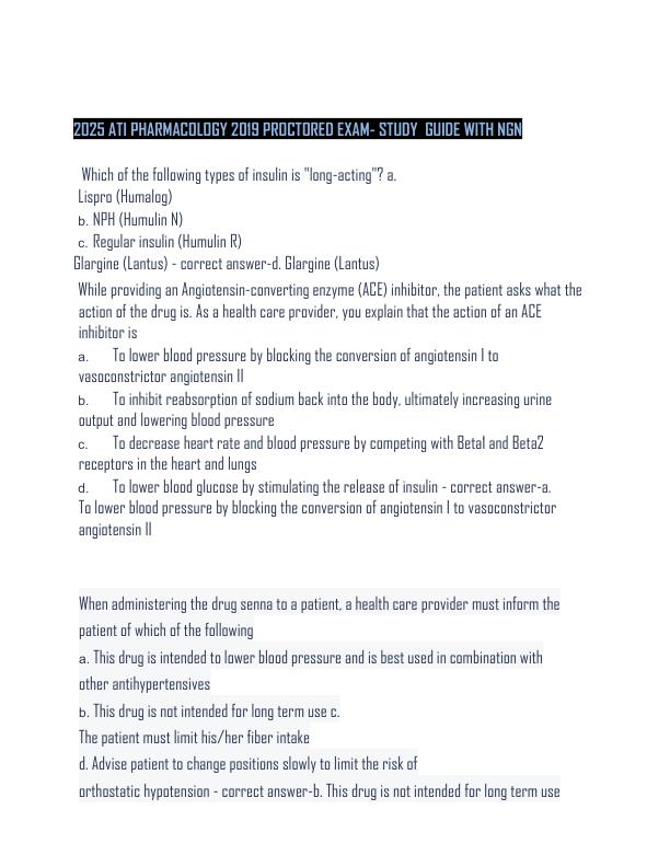 2025 ATI PHARMACOLOGY 2019 PROCTORED EXAM- STUDY  GUIDE WITH NGN 
