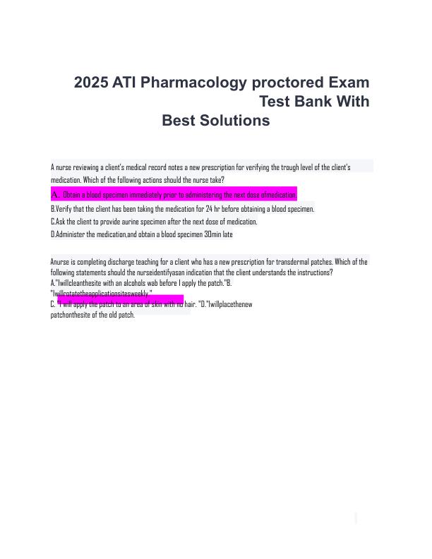 2025 ATI Pharmacology proctored Exam Test Bank With 