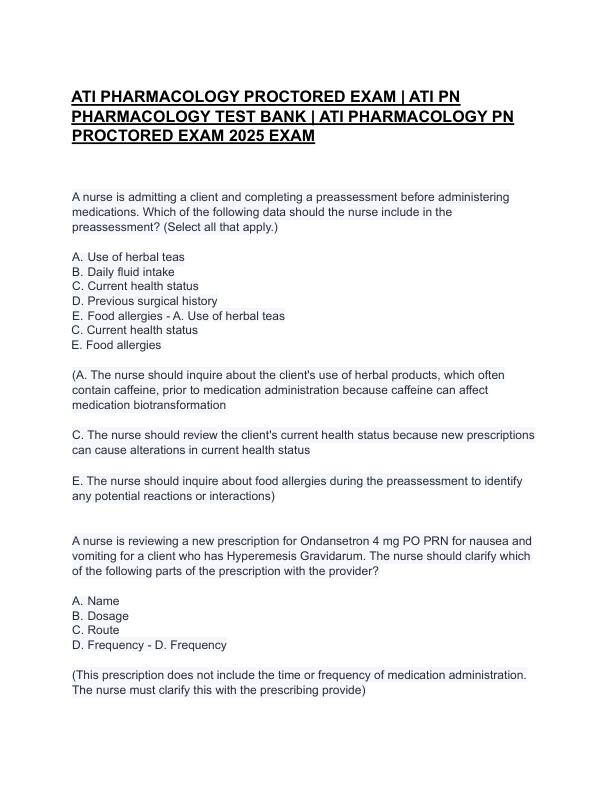 ATI PHARMACOLOGY PROCTORED EXAM  ATI PN