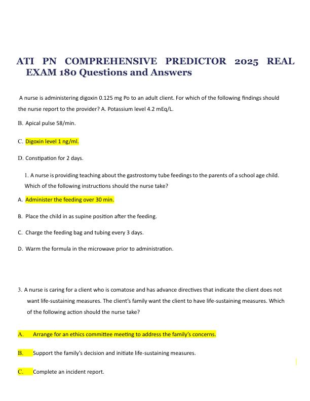 ATI PN COMPREHENSIVE PREDICTOR 2025 REAL EXAM 180 Questions and Answers 