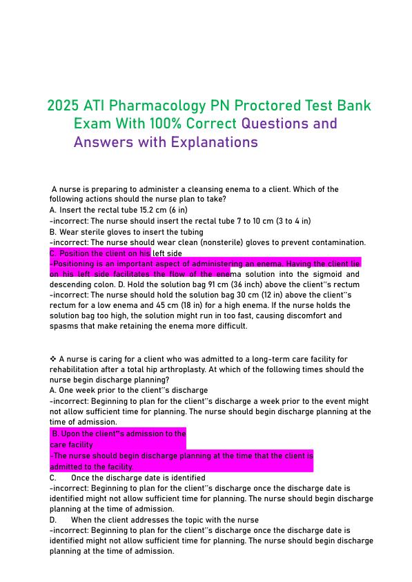 2025 ATI Pharmacology PN Proctored Test Bank Exam With 100% Correct Questions and Answers with Explanations 