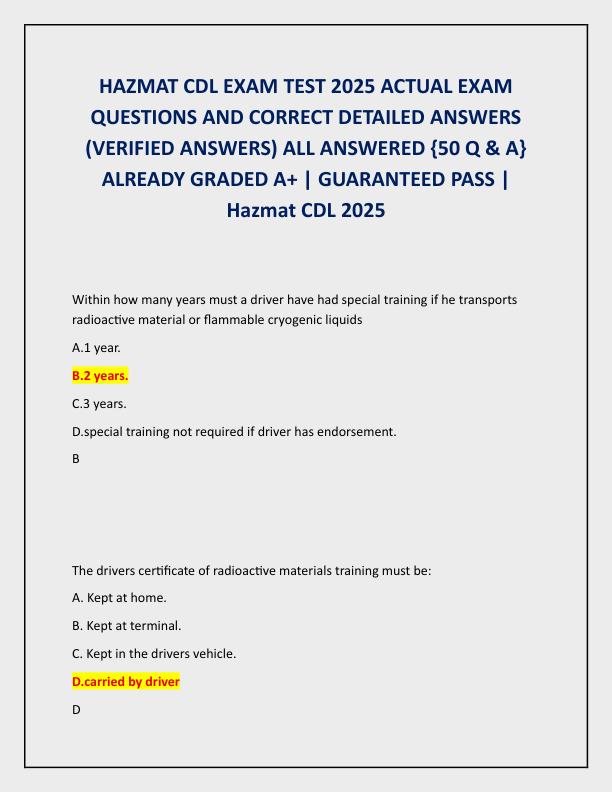 HAZMAT CDL EXAM TEST 2025 ACTUAL EXAM QUESTIONS AND CORRECT DETAILED ANSWERS