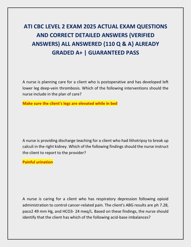 ATI CBC LEVEL 2 EXAM 2025 ACTUAL EXAM QUESTIONS AND CORRECT DETAILED ANSWERS