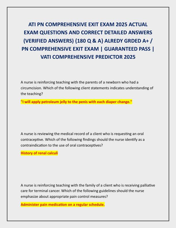 ATI PN COMPREHENSIVE EXIT EXAM 2025 ACTUAL EXAM QUESTIONS AND CORRECT DETAILED ANSWERS