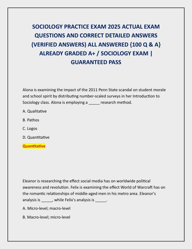 SOCIOLOGY PRACTICE EXAM 2025 ACTUAL EXAM QUESTIONS AND CORRECT DETAILED ANSWERS