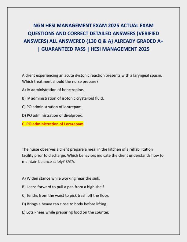 NGN HESI MANAGEMENT EXAM 2025 ACTUAL EXAM QUESTIONS AND CORRECT DETAILED ANSWERS