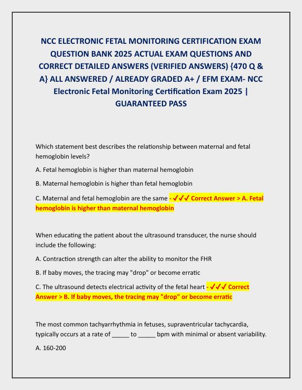 NCC ELECTRONIC FETAL MONITORING CERTIFICATION EXAM QUESTION BANK 2025 ACTUAL EXAM QUESTIONS AND CORRECT DETAILED ANSWERS