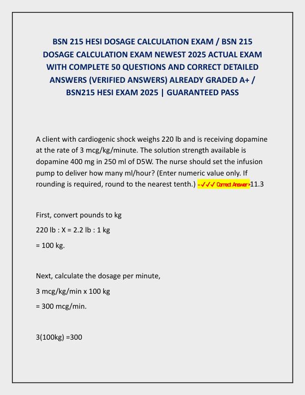 BSN 215 HESI DOSAGE CALCULATION EXAM