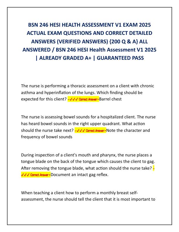 BSN 246 HESI HEALTH ASSESSMENT V1 EXAM 2025 ACTUAL EXAM QUESTIONS AND CORRECT DETAILED ANSWERS