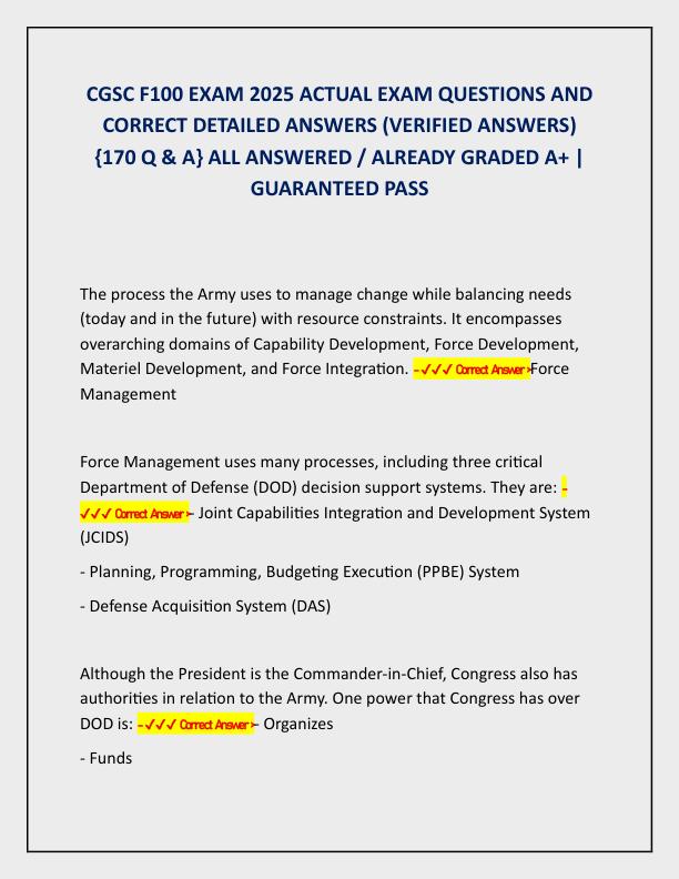CGSC F100 EXAM 2025 ACTUAL EXAM QUESTIONS AND CORRECT DETAILED ANSWERS
