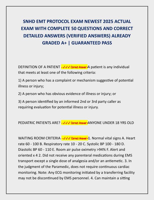 SNHD EMT PROTOCOL EXAM NEWEST 2025 ACTUAL EXAM WITH COMPLETE 50 QUESTIONS AND CORRECT DETAILED ANSWERS