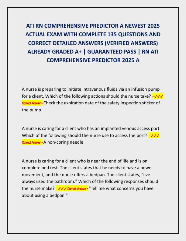ATI RN COMPREHENSIVE PREDICTOR A NEWEST 2025 ACTUAL EXAM WITH COMPLETE 135 QUESTIONS AND CORRECT DETAILED ANSWERS