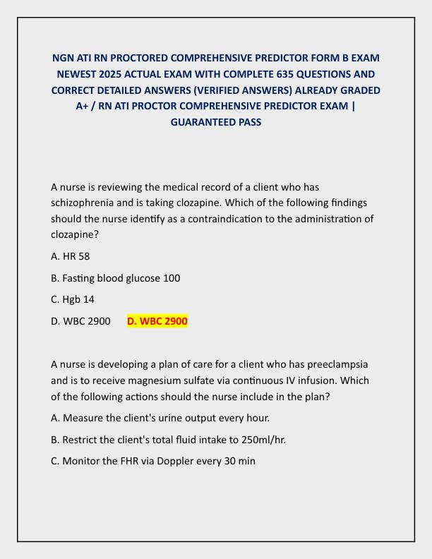 NGN ATI RN PROCTORED COMPREHENSIVE PREDICTOR FORM B EXAM NEWEST 2025 ACTUAL EXAM WITH COMPLETE 635 QUESTIONS AND CORRECT DETAILED ANSWERS