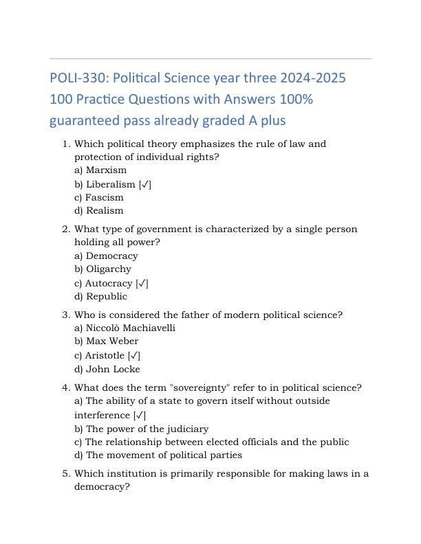 POLI-330 Political Science year three 2024-2025 100 Practice Questions with Answers 100% guaranteed pass already graded A