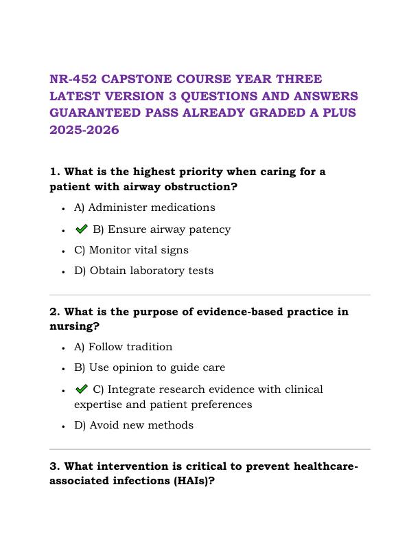 NR-452 CAPSTONE COURSE YEAR THREE LATEST VERSION 3 QUESTIONS AND ANSWERS GUARANTEED PASS ALREADY GRADED A PLUS 2025-2026