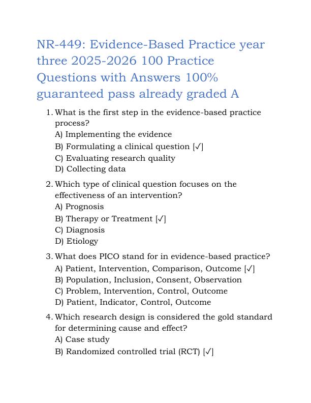 NR-449 Evidence-Based Practice year three 2025-2026 100 Practice Questions with Answers 100% guaranteed pass already graded A