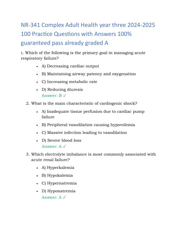 NR-341 Complex Adult Health year three 2024-2025 100 Practice Questions with Answers  100% guaranteed pass already graded A
