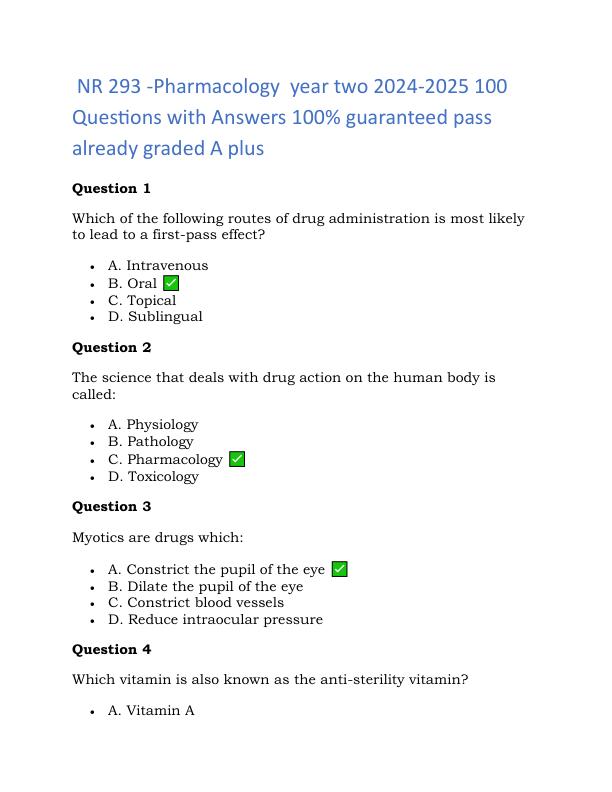 NR 293 -Pharmacology  year two 2024-2025 100 Questions with Answers 100% guaranteed pass already graded A plus