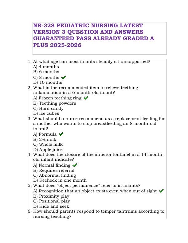 NR-328 Pediatric Nursing Practice Questions and Answers