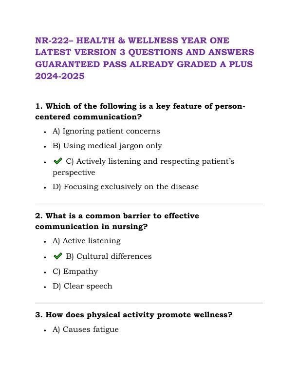 NR 222– HEALTH & WELLNESS YEAR ONE LATEST VERSION 3 QUESTIONS AND ANSWERS GUARANTEED PASS ALREADY GRADED A PLUS 2024-2025