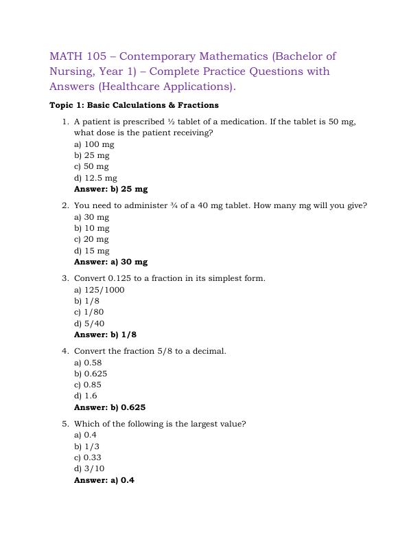 MATH 105 – Contemporary Mathematics (Bachelor of Nursing, Year 1) – Complete Practice Questions with Answers (Healthcare Applications)