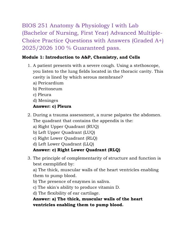 BIOS 251 Anatomy & Physiology I with Lab (Bachelor of Nursing First Year) Advanced Multiple-Choice Practice Questions with Answers (Graded A+) 2025-2026 100 % Guaranteed pass