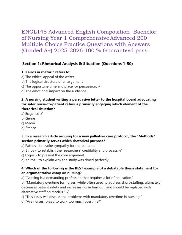 ENGL148 Advanced English Composition  Bachelor of Nursing Year 1 Comprehensive Advanced 200 Multiple Choice Practice Questions with Answers (Graded A+) 2025-2026 100 % Guaranteed pass