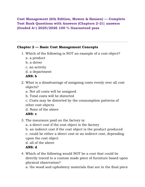 Cost Management (6th Edition, Mowen & Hansen) Complete Test Bank Questions with Answers (Chapters 2–21) answers (Graded A+) 2025-2026 100 % Guaranteed pass