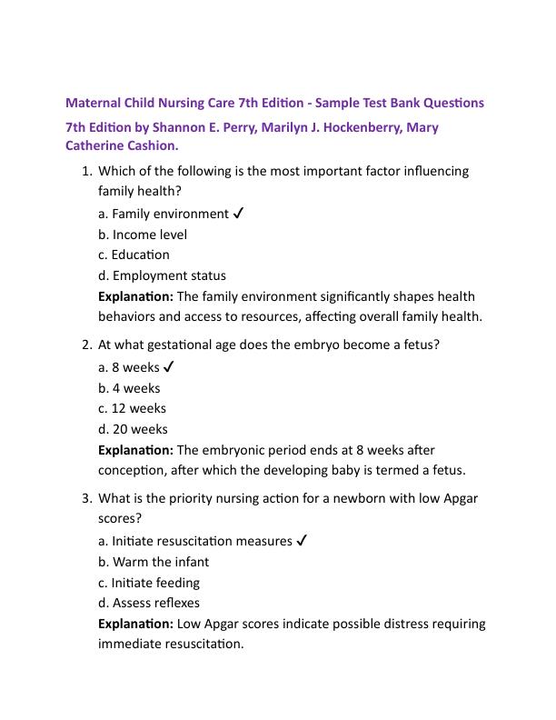 Maternal Child Nursing Care 7th Edition Sample Test Bank Questions