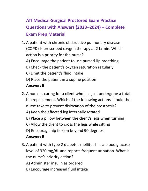 ATI Medical-Surgical Proctored Exam Practice Questions with Answers (2023–2024) – Complete Exam Prep Material