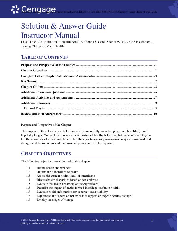 Solution & Answer Guide for An Invitation to Health Brief,13th Edition by Lisa Tunks ISBN 9780357973585