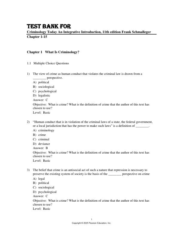 Test Bank for Criminology Today An Integrative Introduction, 11th edition by Frank Schmalleger Chapter 1-15
