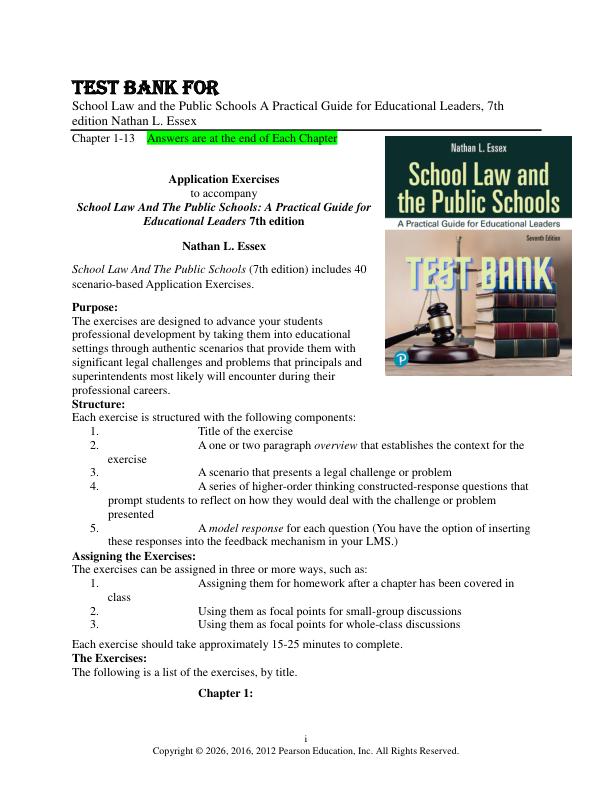 Test Bank for School Law and the Public Schools A Practical Guide for Educational Leaders, 7th edition by Nathan L. Essex