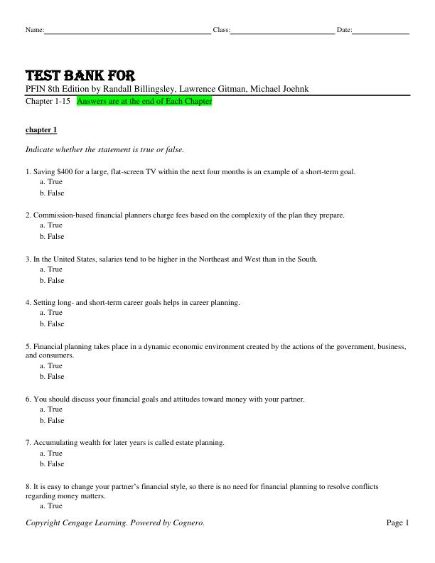 Test Bank for PFIN 8th Edition by Randall Billingsley, Lawrence Gitman, Michael Joehnk