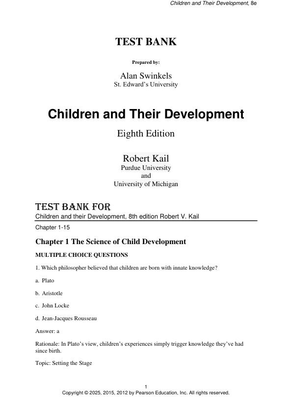 Test Bank for Children and their Development, 8th Edition by Robert V. Kail