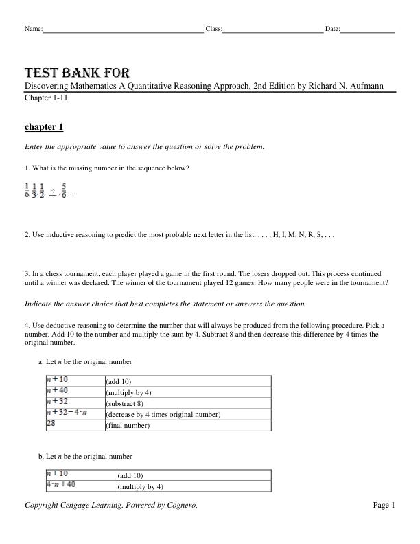 Test Bank for Discovering Mathematics A Quantitative Reasoning Approach, 2nd Edition by Richard N. Aufmann