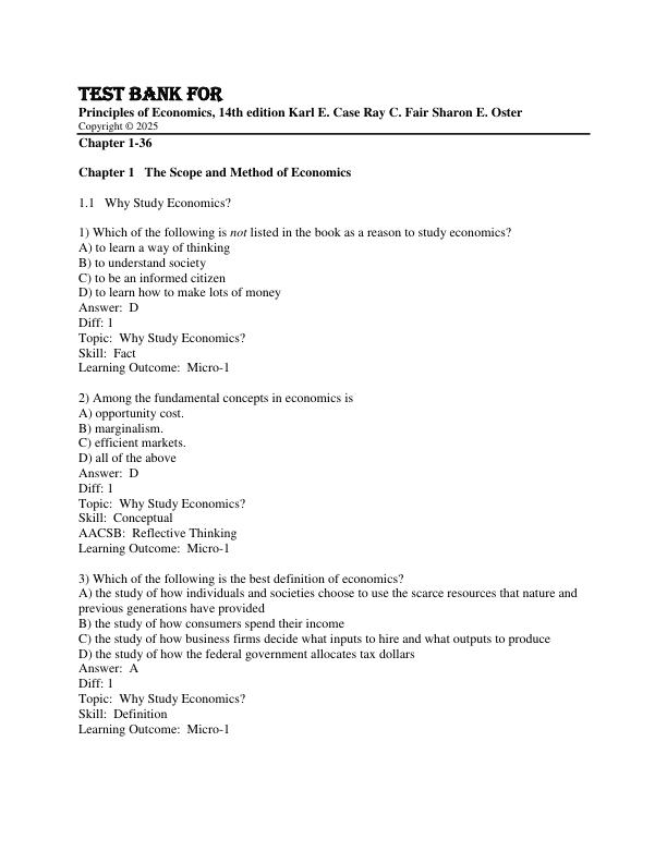 Test Bank for Principles of Economics, 14th edition Karl E. Case Ray C. Fair Sharon E. Oster