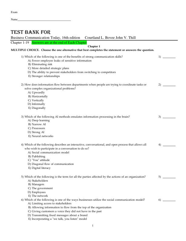 Test Bank for Business Communication Today, 16th edition Courtland L. Bovee John V. Thill