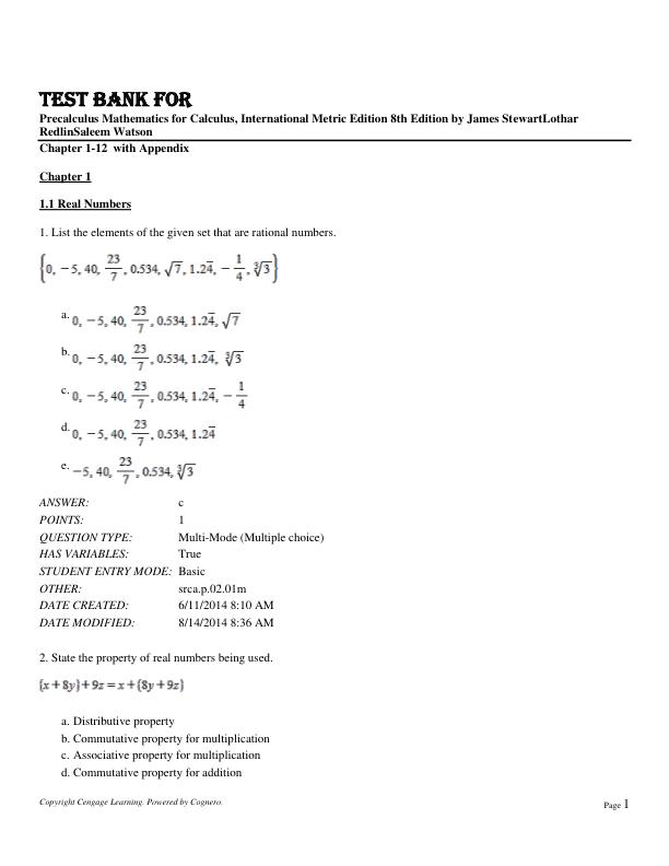 Test Bank For Precalculus Mathematics for Calculus, International Metric Edition 8th Edition by James StewartLothar RedlinSaleem Watson Chapter 1-12