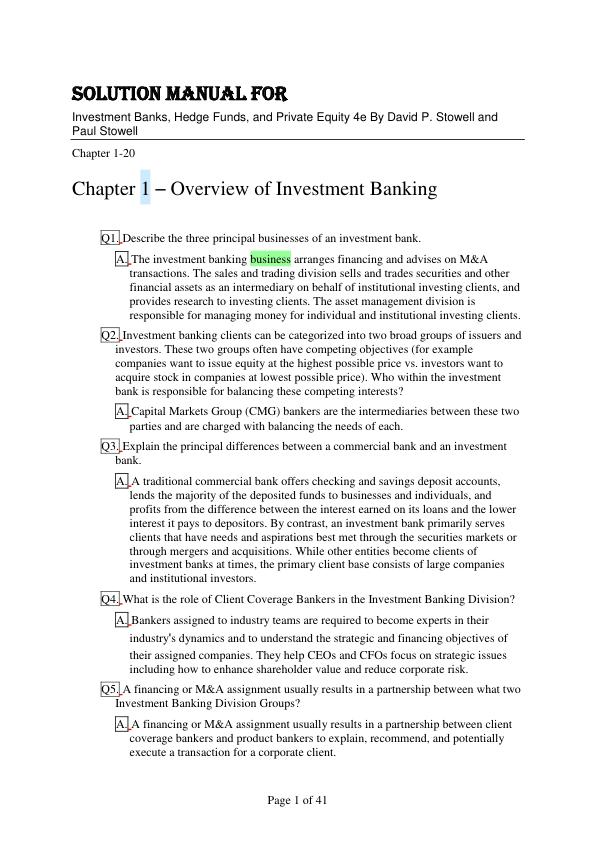 Solution Manual For Investment Banks, Hedge Funds, and Private Equity 4th Edition By  David P. Stowell and Paul Stowell