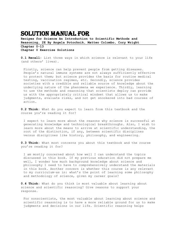 Solution Manual For  Recipes for Science An Introduction to Scientific Methods and Reasoning, 2nd Edition By Angela Potochnik, Matteo Colombo, Cory Wright