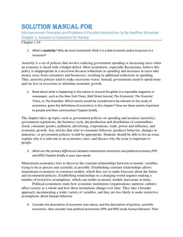 Solution Manual For  Microeconomic Principles and Problems A Pluralist Introduction 2nd Edition By Geoffrey Schneider