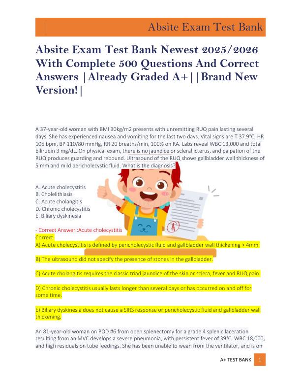 Absite Exam Test Bank Newest 2025/2026  With Complete 500 Questions And Correct  Answers |Already Graded A+||Brand New  Version!|