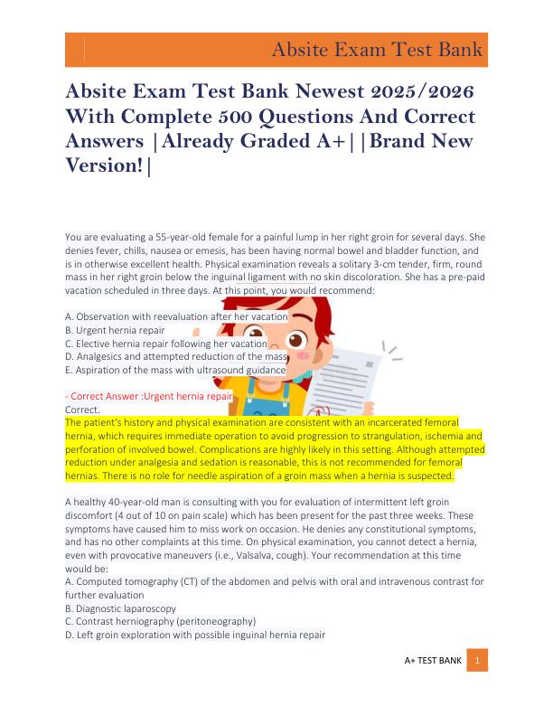 Absite Exam Test Bank Newest 2025/2026  With Complete 500 Questions And Correct  Answers |Already Graded A+||Brand New  Version!|