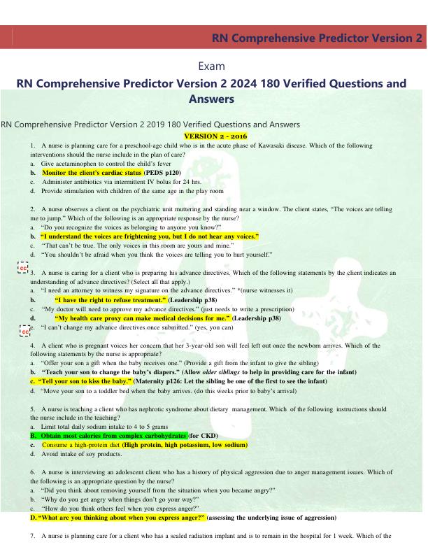 RN Comprehensive Predictor Version 2 2024 180 Verified Questions and  Answers