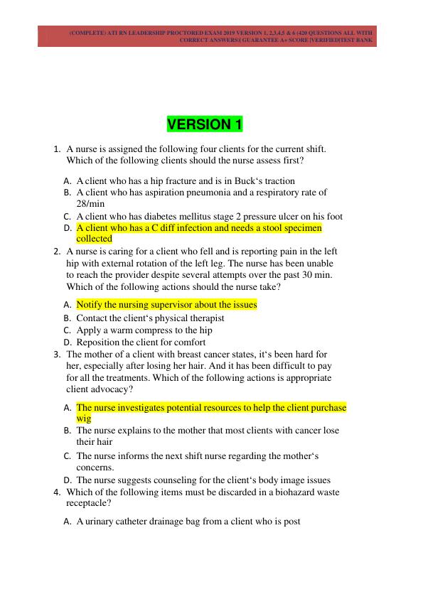 ATI RN LEADERSHIP PROCTORED EXAM 2019 VERSION 1, 2,3,4,5 & 6 (420 QUESTIONS ALL WITH  CORRECT ANSWERS)| GUARANTEE A+ SCORE |VERIFIED|TEST BANK